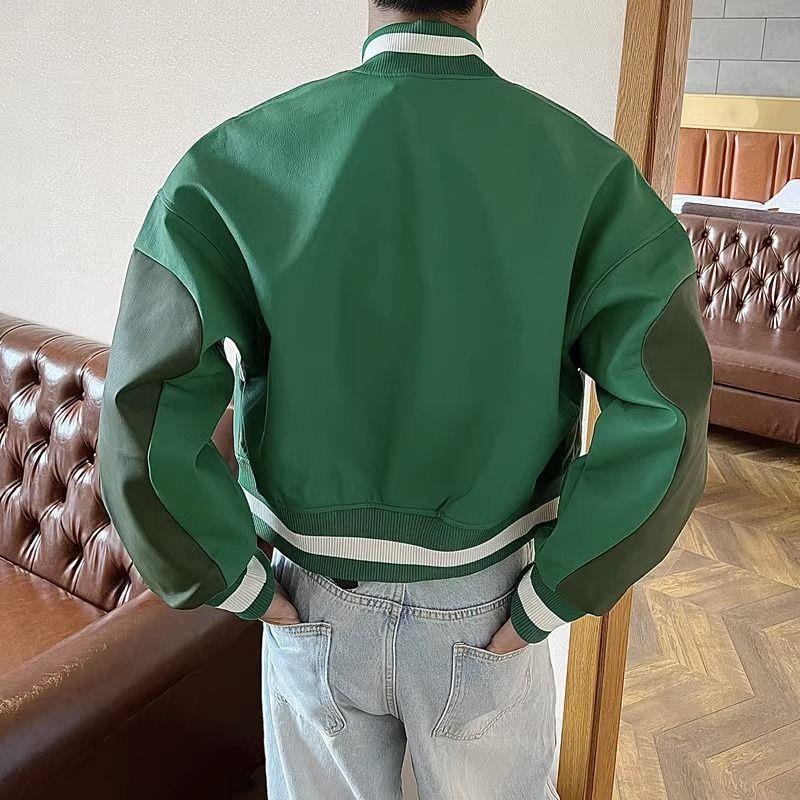 Áo Khoác Bóng Chày Chất Liệu Da Phối Màu Tương Phản Phong Cách Hip Hop Đường Phố Mỹ Cá Tính Cho Nam