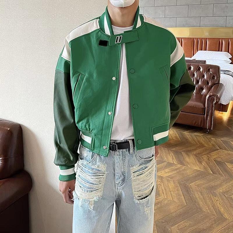 Áo Khoác Bóng Chày Chất Liệu Da Phối Màu Tương Phản Phong Cách Hip Hop Đường Phố Mỹ Cá Tính Cho Nam