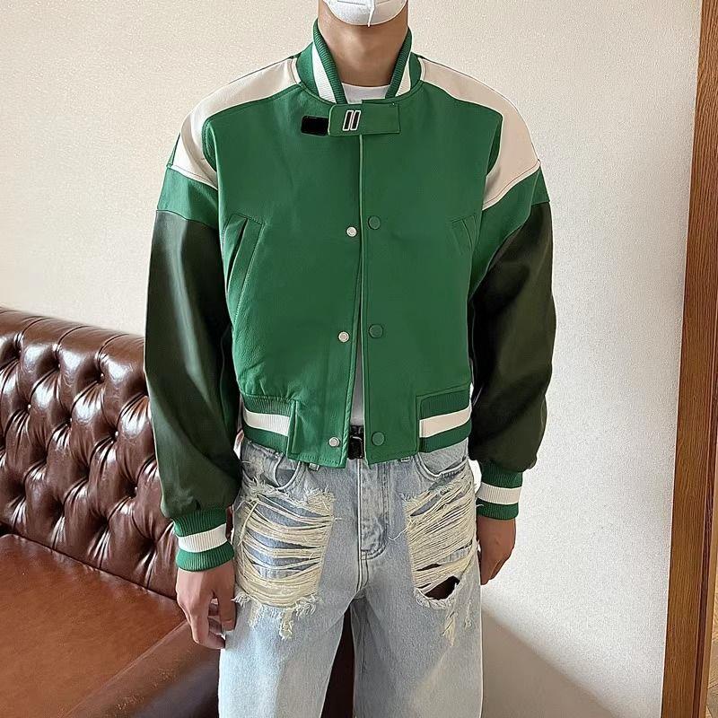 Áo Khoác Bóng Chày Chất Liệu Da Phối Màu Tương Phản Phong Cách Hip Hop Đường Phố Mỹ Cá Tính Cho Nam