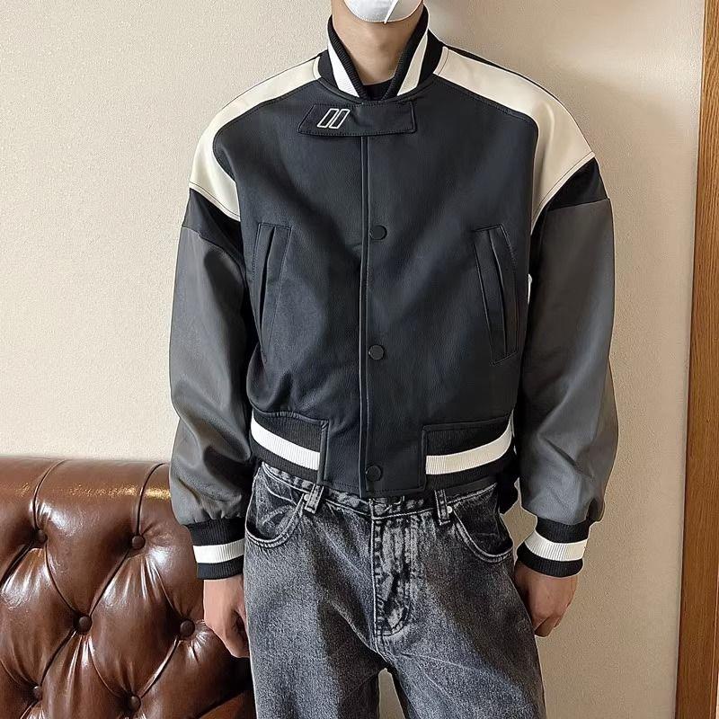 Áo Khoác Bóng Chày Chất Liệu Da Phối Màu Tương Phản Phong Cách Hip Hop Đường Phố Mỹ Cá Tính Cho Nam