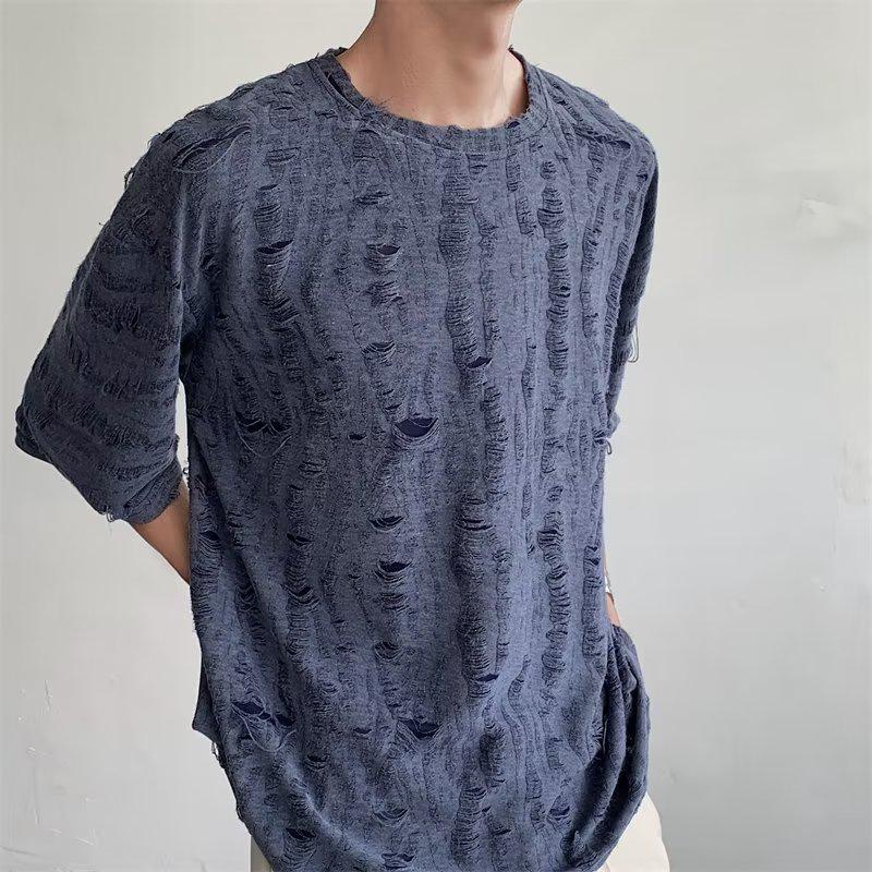 áo dài tay sơ mi Áo T-shirt Cộc Tay Rách Lỗ Mẫu Mới Mùa Hè Áo Form Rộng Nặng Cỡ Lớn Thiết Kế Cá Tính Sành Điệu Cho Nam