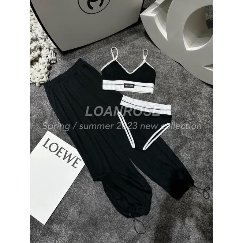 Set 3M Áo Croptop Quần Jogger Thun Gân , Set bikini 3 món thể thao