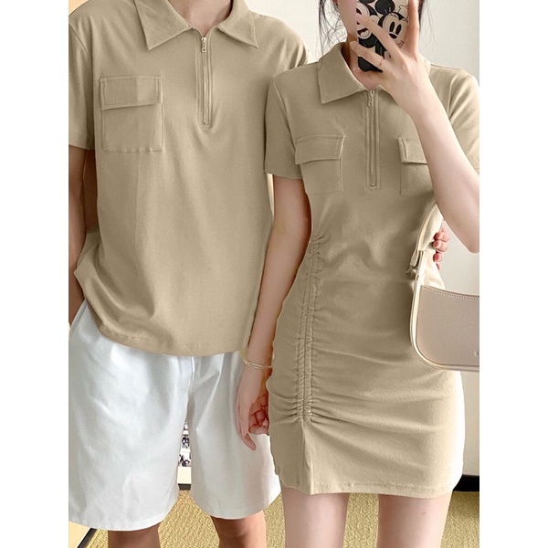 SET VÁY ÁO POLO CỔ KHOÁ TÚI NGỰC NHÚN EO