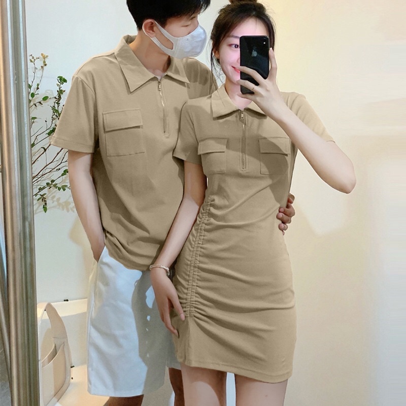 SET VÁY ÁO POLO CỔ KHOÁ TÚI NGỰC NHÚN EO