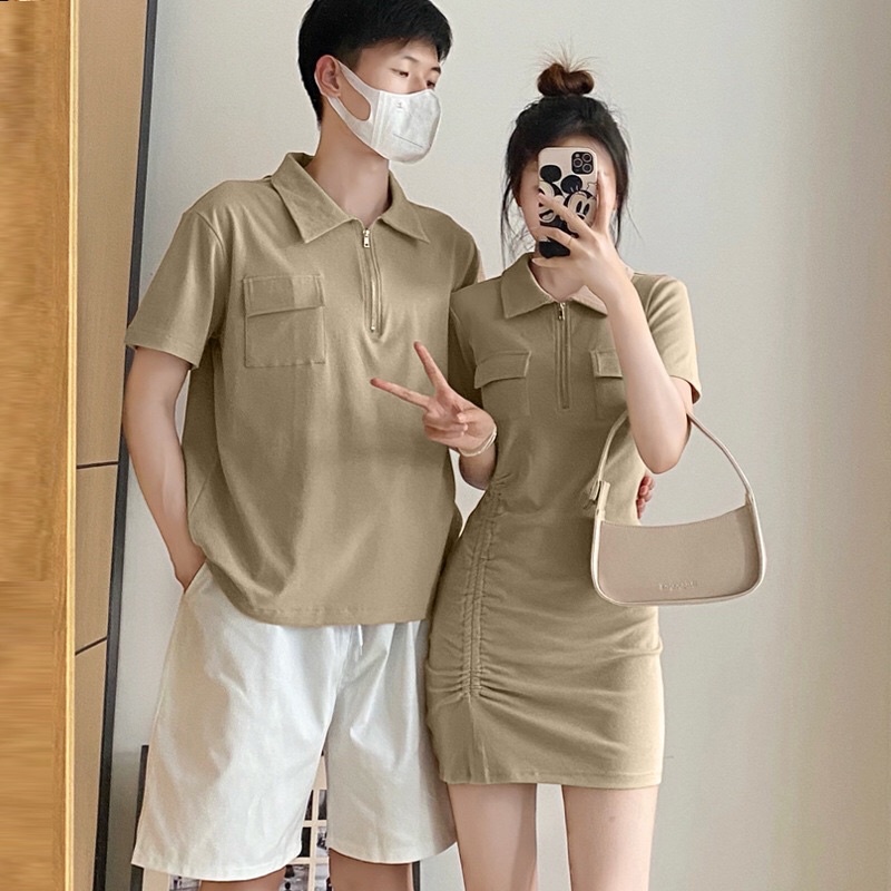 SET VÁY ÁO POLO CỔ KHOÁ TÚI NGỰC NHÚN EO