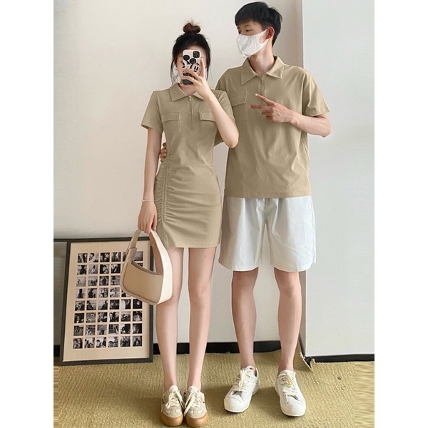 SET VÁY ÁO POLO CỔ KHOÁ TÚI NGỰC NHÚN EO