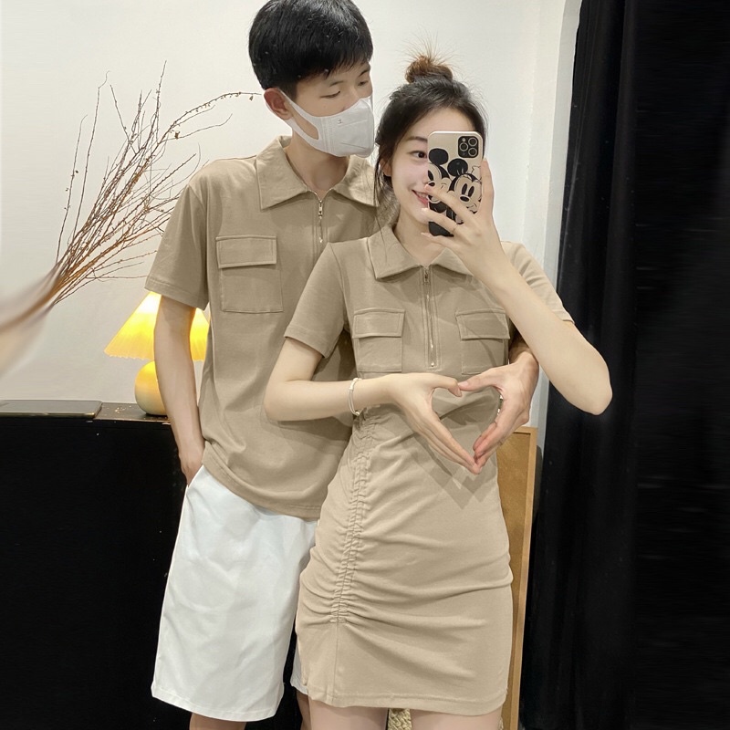 SET VÁY ÁO POLO CỔ KHOÁ TÚI NGỰC NHÚN EO