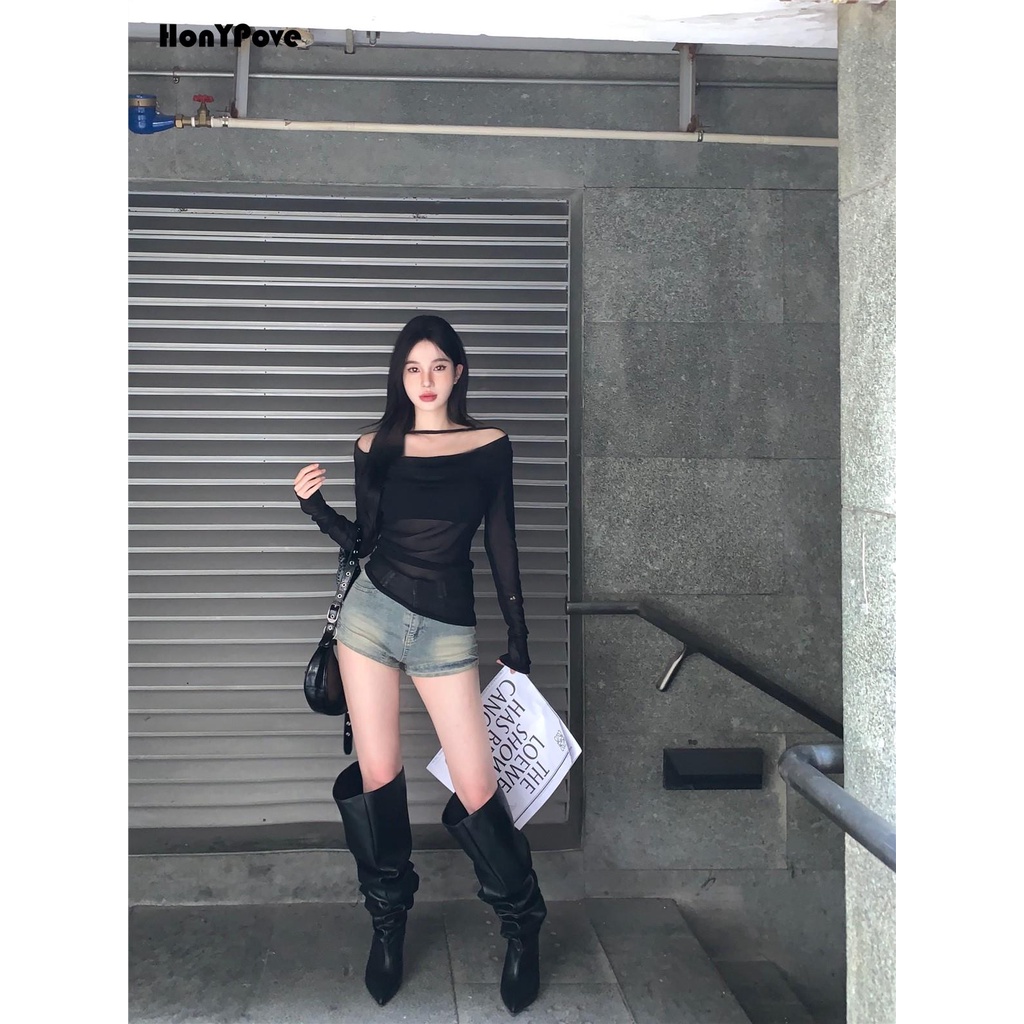 Honypove Áo Thun Tay Dài Trễ Vai Dáng Ôm Thời Trang Mùa Hè 2023 Cho Nữ