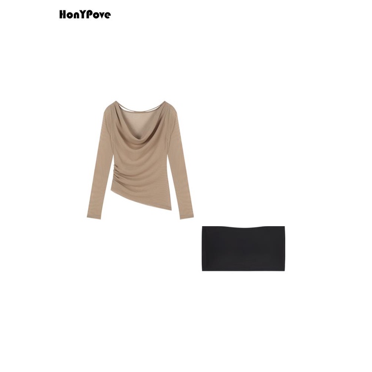 Honypove Áo Thun Tay Dài Trễ Vai Dáng Ôm Thời Trang Mùa Hè 2023 Cho Nữ