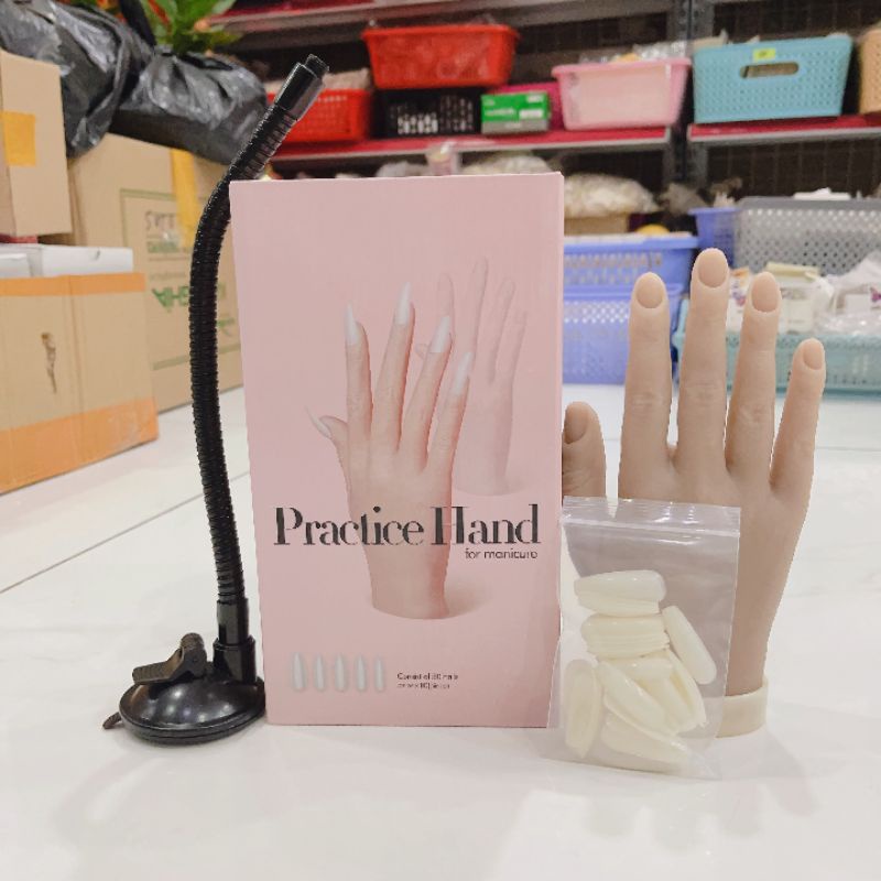 Bàn tay giả Silicon tập làm nail - loại có vân tay như thật có giá đỡ kẹp bàn làm nail hàng cao cấp ( tặng kèm móng )