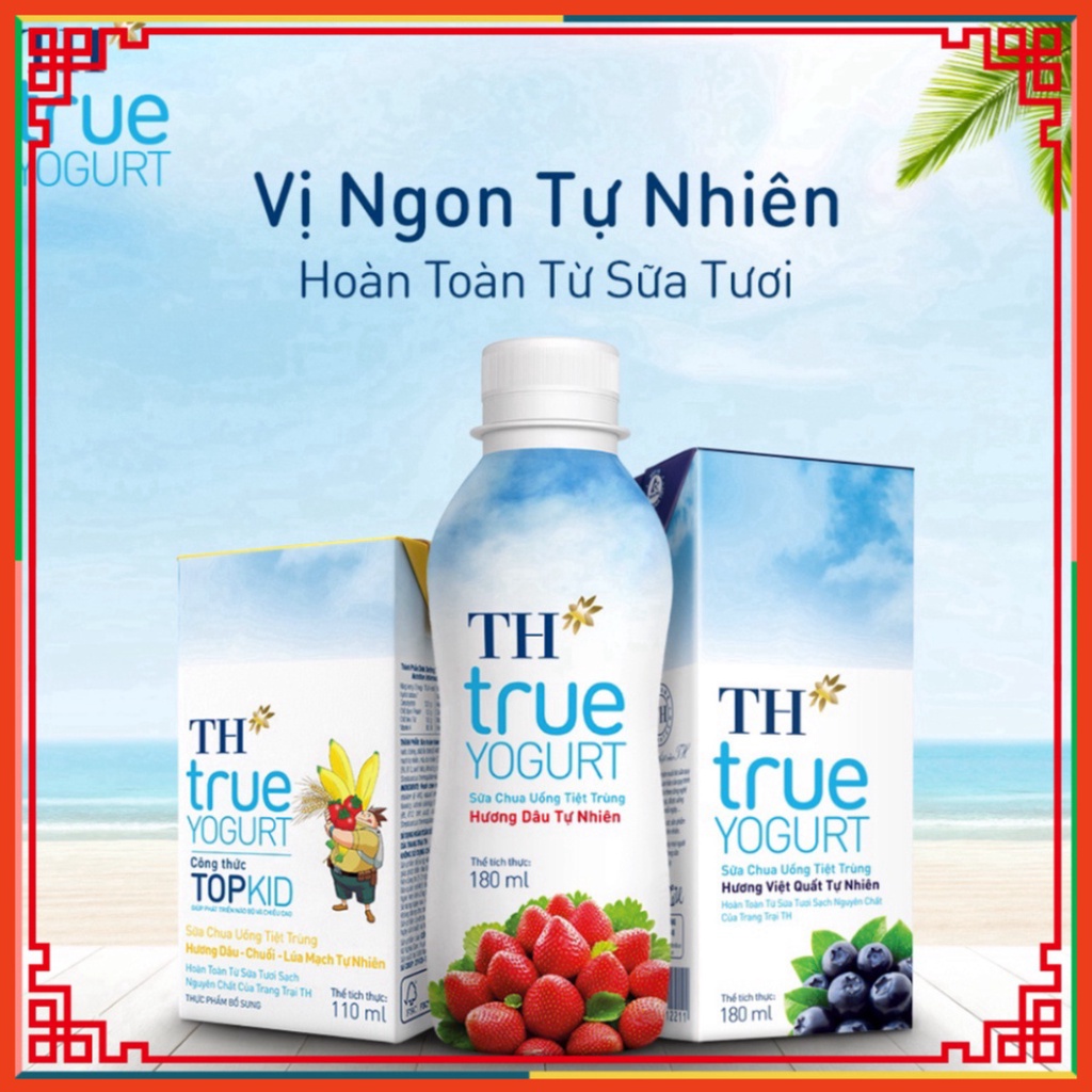 Thùng Sữa chua uống khử trùng TOPKID hương dâu-chuối-lúa mạch đương nhiên TH True Yogurt Thùng 48 Hộp 110ml