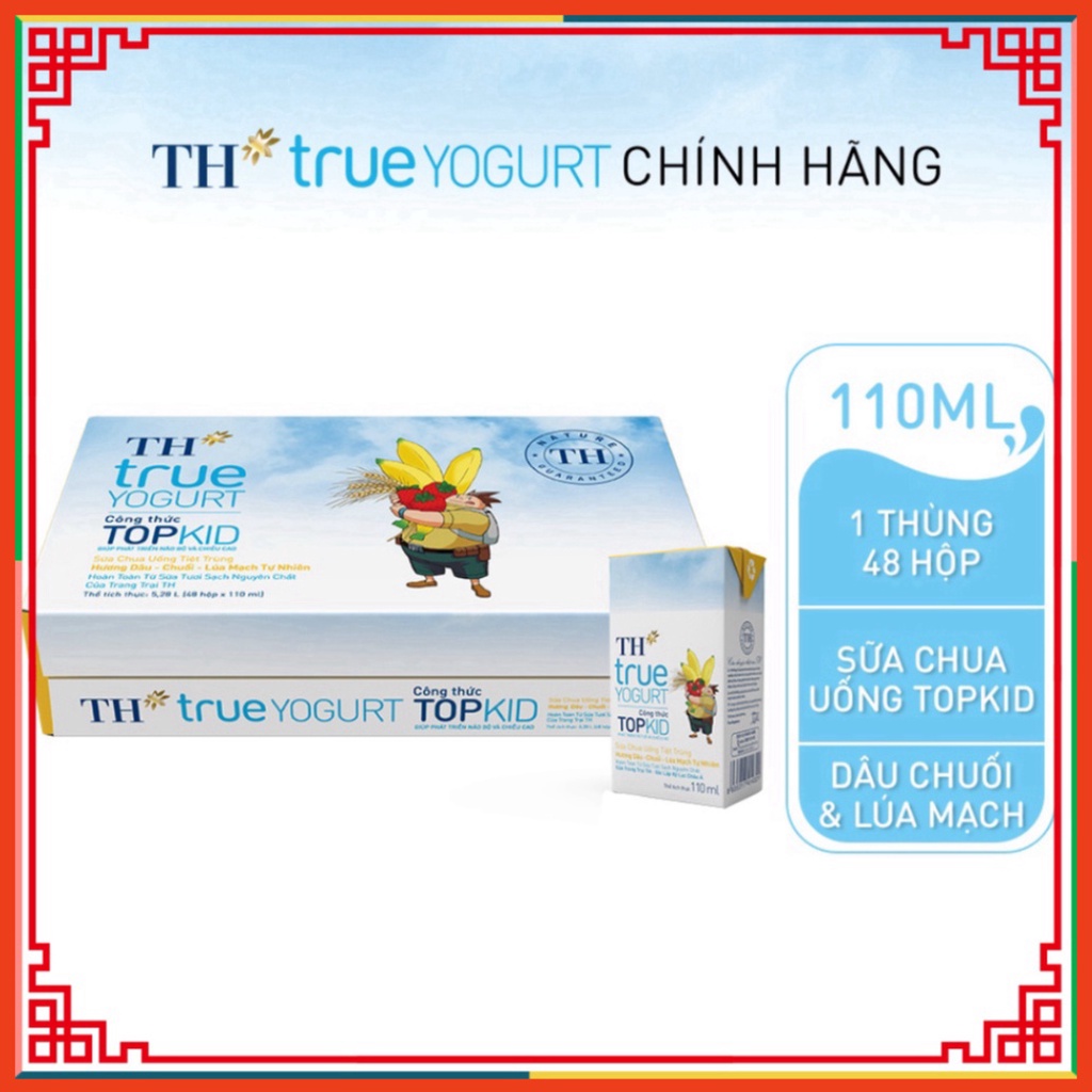 Thùng Sữa chua uống khử trùng TOPKID hương dâu-chuối-lúa mạch đương nhiên TH True Yogurt Thùng 48 Hộp 110ml