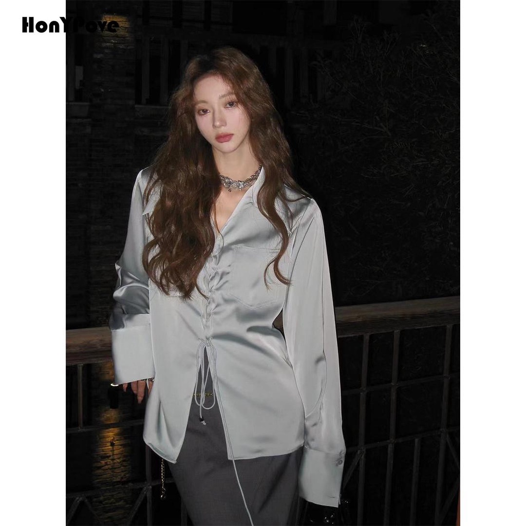 Honypove Áo Sơ Mi Dài Tay Vải Satin Cột Dây Phong Cách Retro Pháp