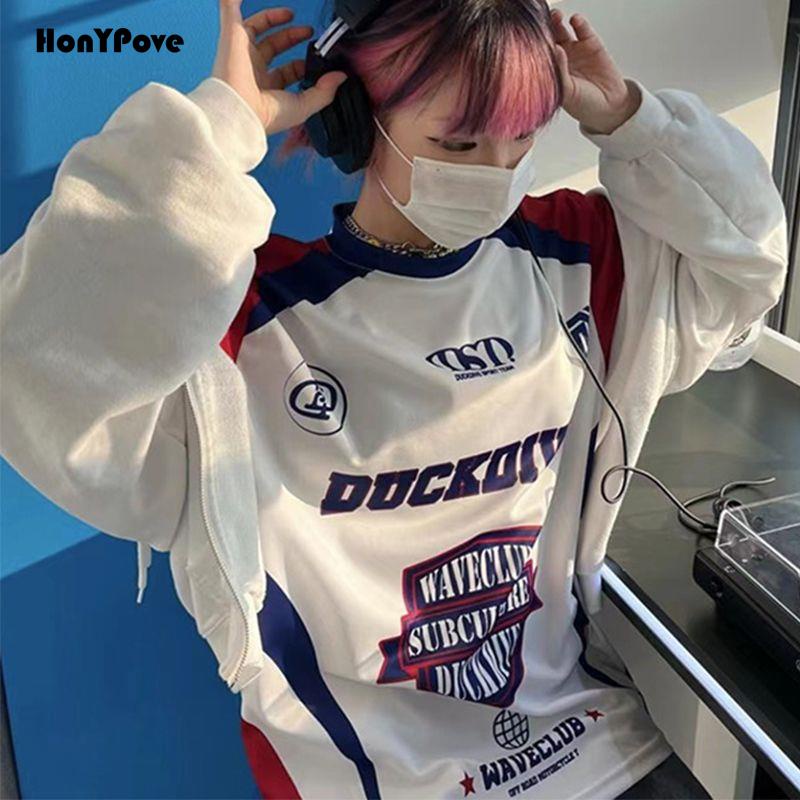 Honypove Áo Thun Thể Thao Mùa Thu 2023 y2k Tay Dài Dáng Rộng Mau Khô Phong Cách Hàn Quốc Millennium Hot Girl