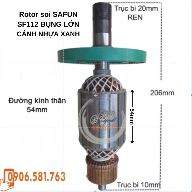 Rotor soi SAFUN SF112 SF121 SF126 Thân 54mm Dài 206mm Cánh nhựa dây đồng 220V - Tặng chổi than