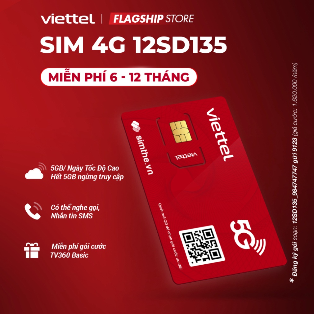 [FREE 1 Năm] Sim 4G Viettel 12SD135 Data 5GB/Ngày - 150GB/Tháng Tốc Độ Cao MAX BăngThông. Trọn Gói 1 Năm Không Nạp Tiền