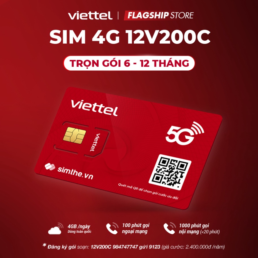 [Miễn Phí 1 Năm] Sim 4G Viettel V200C 4GB/Ngày (120GB/Tháng). FREE 100P Ngoại Mạng + 1000P Nội Mạng + TV360+25GB LifeBox