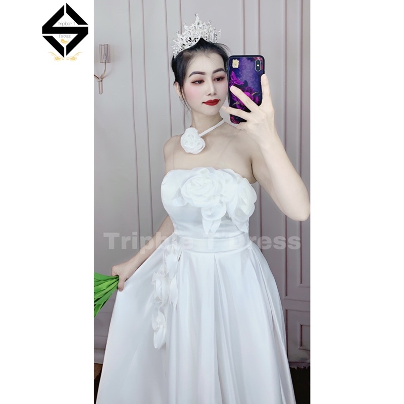 Đầm maxi mặc cưới TRIPBLE T DRESS cúp kết bông hoa nổi - size S/M/L