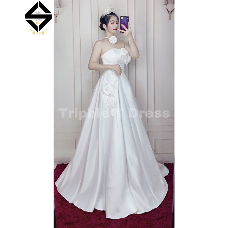 Đầm maxi mặc cưới TRIPBLE T DRESS cúp kết bông hoa nổi - size S/M/L