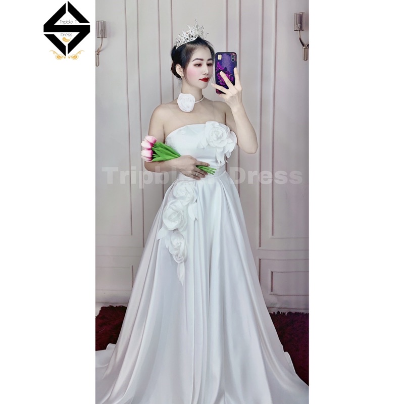 Đầm maxi mặc cưới TRIPBLE T DRESS cúp kết bông hoa nổi - size S/M/L