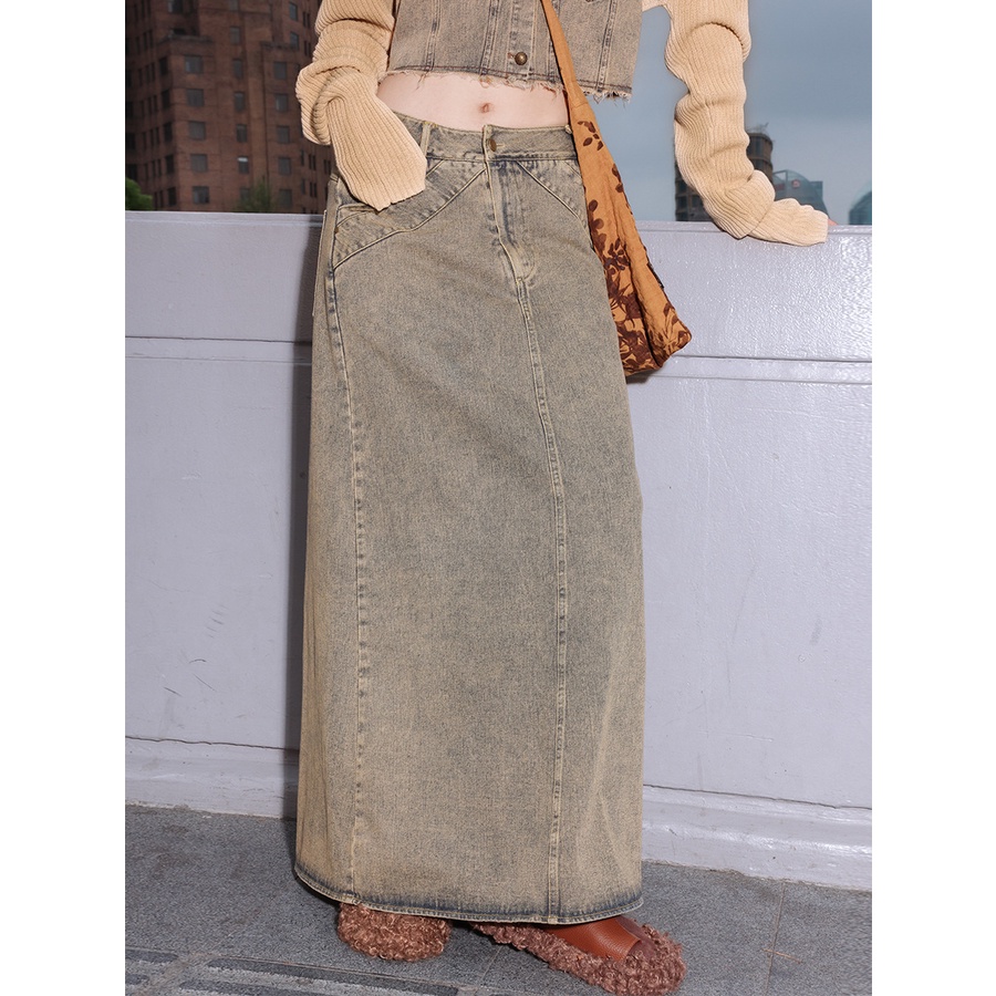 Hoài cổ retro denim váy dài váy mới thô cạnh lưng xẻ tà váy thẳng nữ 230093