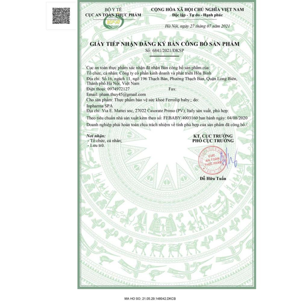 Ferrolip Baby Sắt hữu cơ vị đào thơm ngon lọ 30 mL