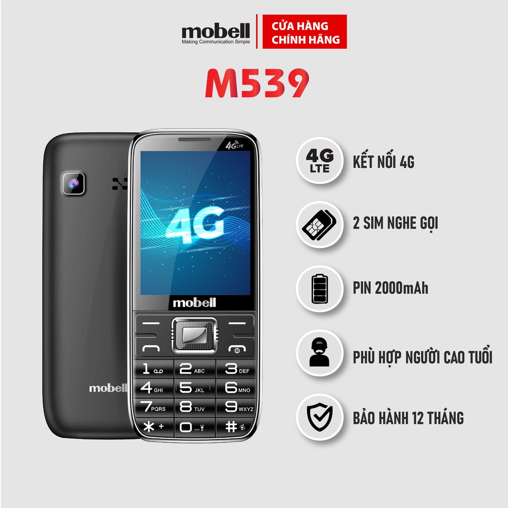 Điện Thoại Phổ Thông Mobell M539 4G Chính Hãng Nghe Gọi Pin Khủng Bàn Phím To Siêu Bền 2 SIM Dành Cho Người Cao Tuổi