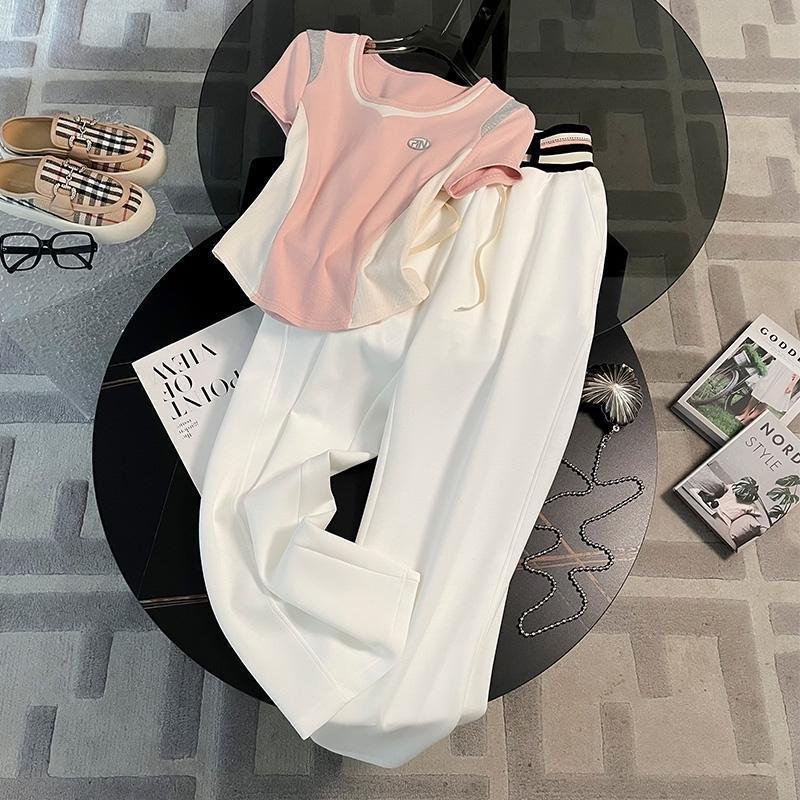 Pink summer women s sports suit trendy fashion casual phong cách nước ngoài short-sleeved two-piece summer dress tide