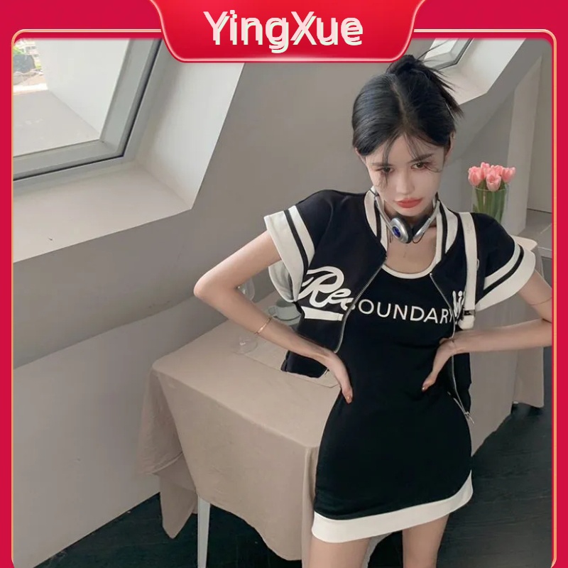 【Giá Thấp Nhất】 Khí Chất Mỹ Thiết Kế Cổ Tròn Sense Đồng Phục Bóng Chày Vest Áo Khoác Giảm Béo Màu Sắc Tương Phản Đầm Vest Hai Mảnh Bộ đồ Nữ