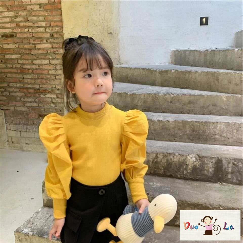 Áo Thun Tay Dài Phồng Cổ Cao Thời Trang Mùa Thu 2023 Dành Cho Bé Gái