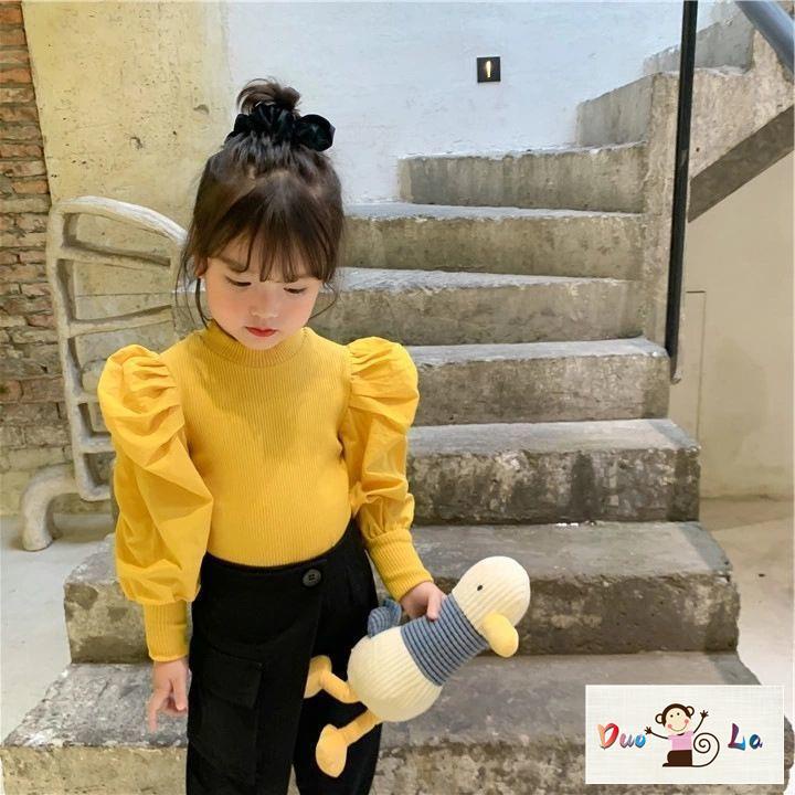 Áo Thun Tay Dài Phồng Cổ Cao Thời Trang Mùa Thu 2023 Dành Cho Bé Gái