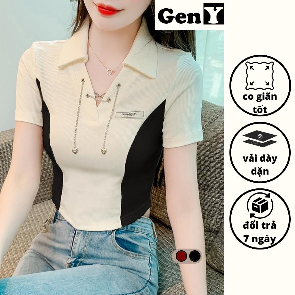 Áo croptop nữ GenY ngắn tay cổ bẻ vạt bầu phối màu đặc sắc, Áo kiểu nữ cổ V phối phụ kiện cực xinh -C27-