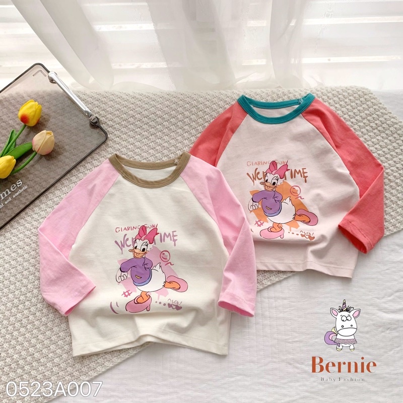 (Giá sốc) Áo thu đông bé gái in vịt Daisy Bernie - Áo dài tay bé gái cotton phối tay xinh xắn cho bé từ 9-23kg- 0523A007