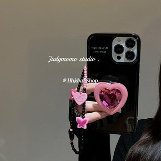 Ốp Điện Thoại Màu Hồng Phối Dây Xích Và Giá Đỡ Hình Trái Tim Cho Iphone 14promax 13 12 11