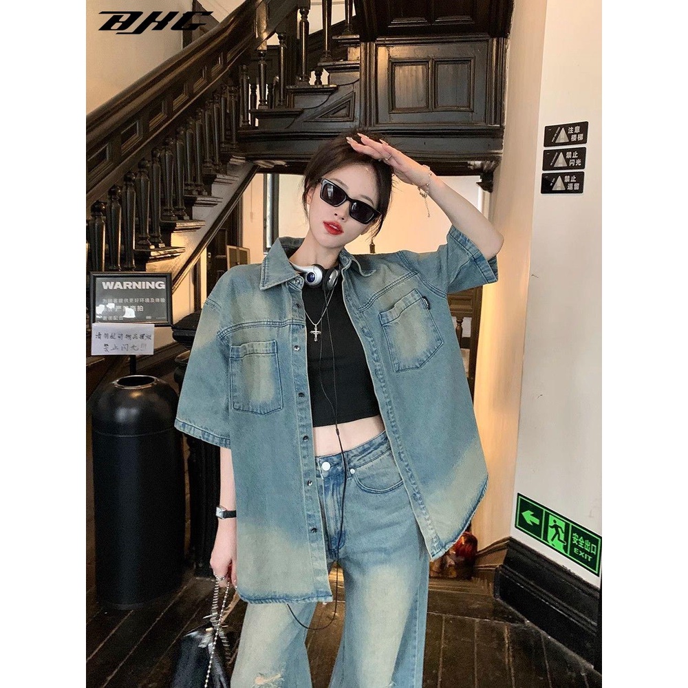 Set Áo Thun Ngắn Tay + Quần Jeans Rách Phong Cách Retro Hong Kong Cho Nữ