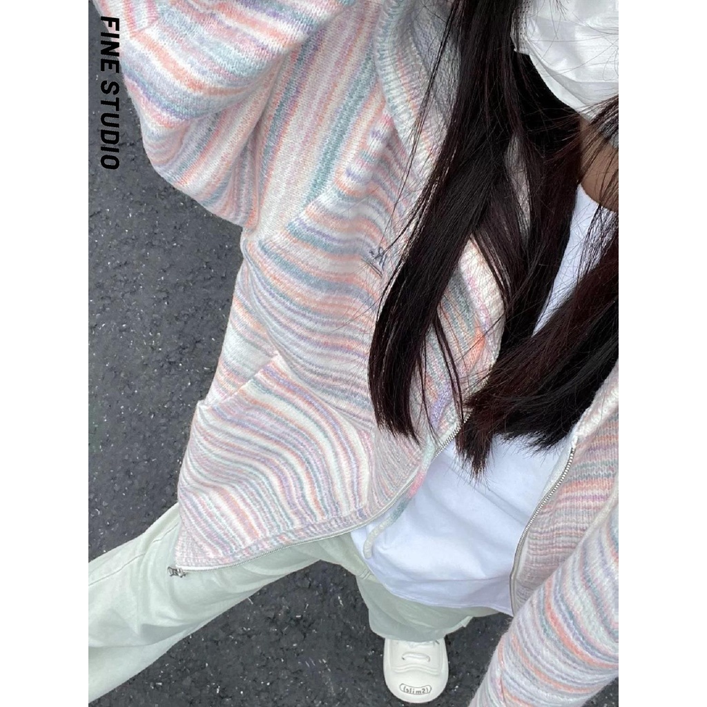 Fine STUDIO Áo Khoác Cardigan Dệt Kim Dáng Rộng Có Mũ Trùm Phối Khóa Kéo Màu Cầu Vồng Thời Trang Xuân Thu Cho Nữ