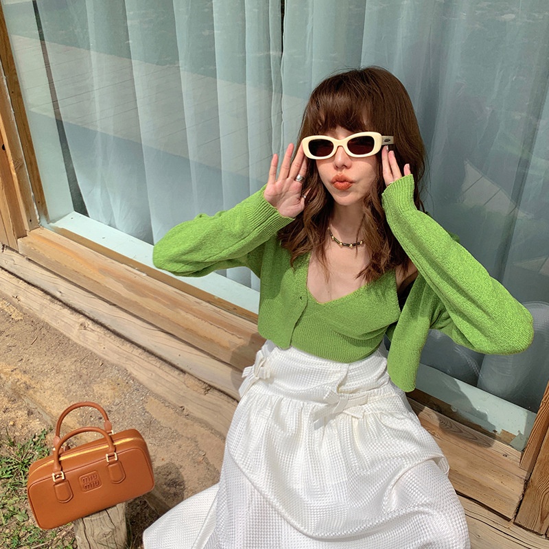 Autumn debut new grey two-piece v-neck knitted vest cardigan women s autumn lazy long-sleeved top