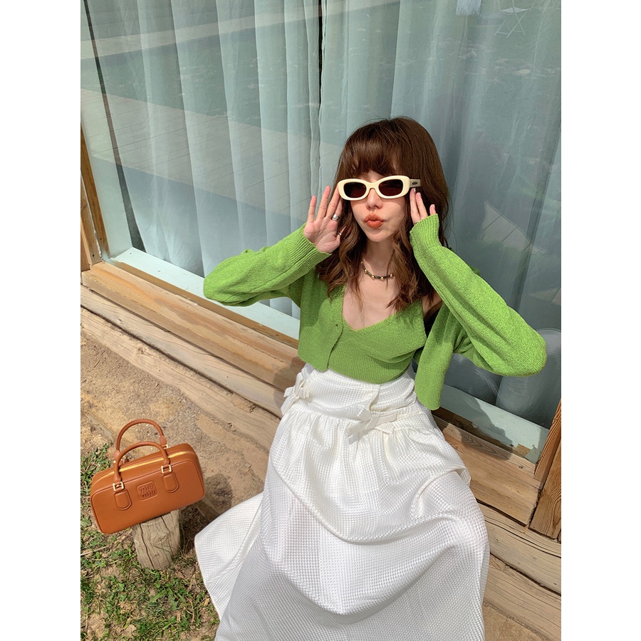 Autumn debut new grey two-piece v-neck knitted vest cardigan women s autumn lazy long-sleeved top