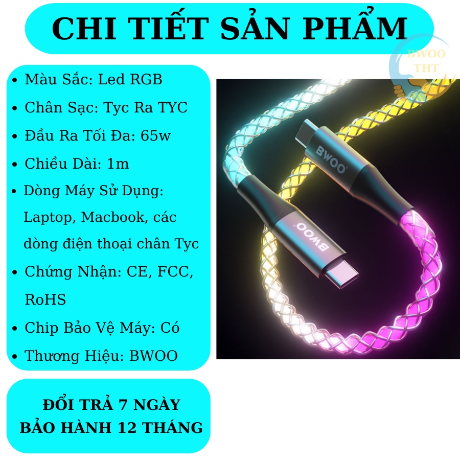 Dây Sạc Nhanh Tyc To Tyc  BWOO Cáp Sạc Nhanh Phát Sáng Cho Samsung Oppo Xiaomi Vivo..Laptop Macbook
