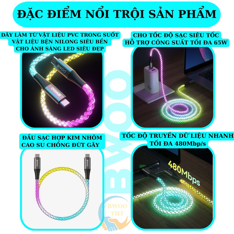 Dây Sạc Nhanh Tyc To Tyc  BWOO Cáp Sạc Nhanh Phát Sáng Cho Samsung Oppo Xiaomi Vivo..Laptop Macbook