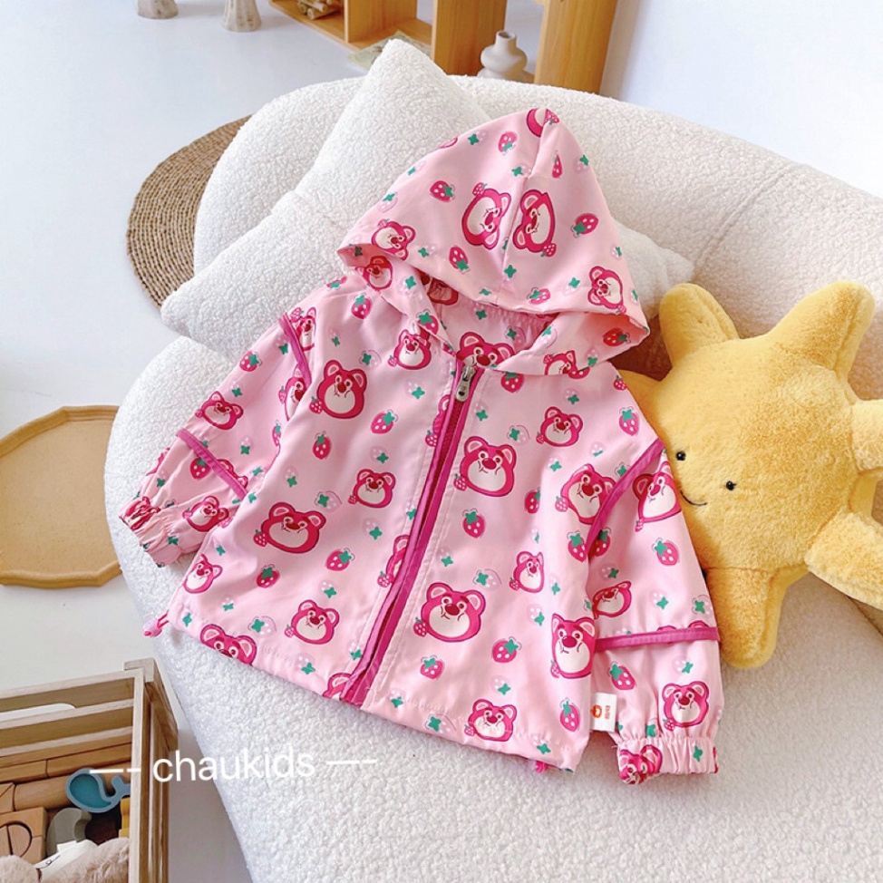 Áo gió gấu dâu 2 lớp xinh xắn cho bé gái size đại 10-40kg Áo khoác gió thu đông cho trẻ em hàng đẹp Kittenbabyshop