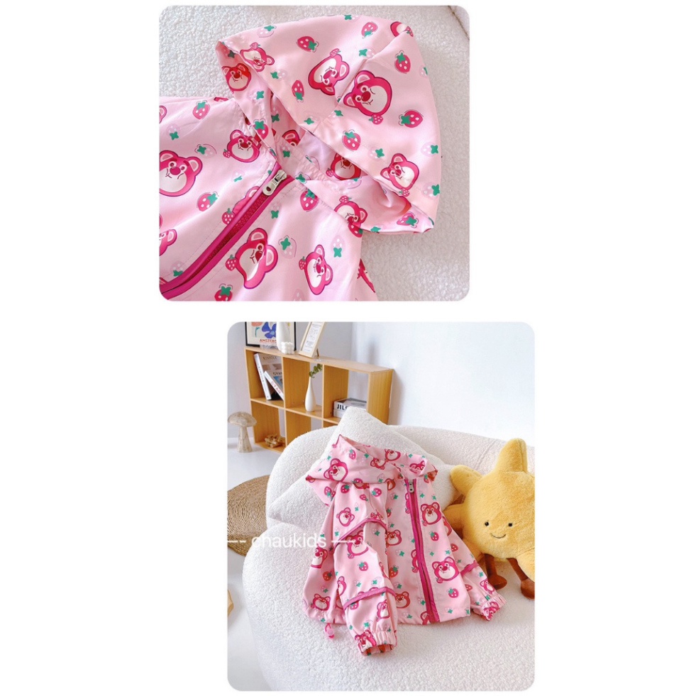 Áo gió gấu dâu 2 lớp xinh xắn cho bé gái size đại 10-40kg Áo khoác gió thu đông cho trẻ em hàng đẹp Kittenbabyshop
