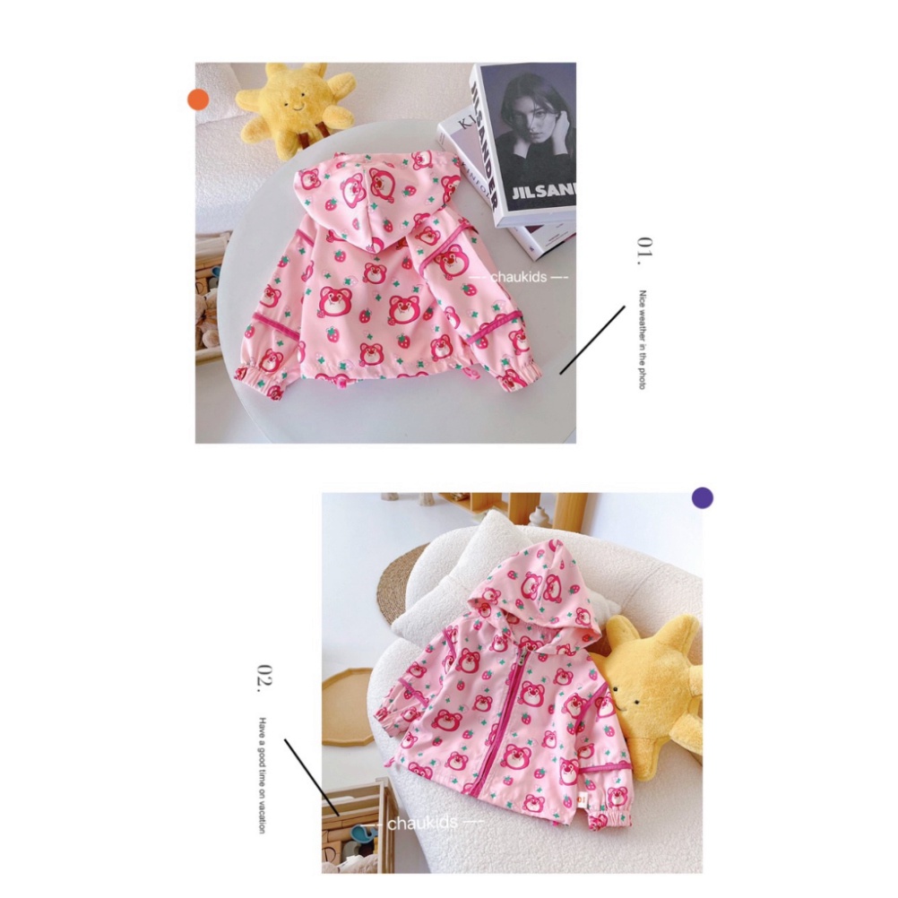 Áo gió gấu dâu 2 lớp xinh xắn cho bé gái size đại 10-40kg Áo khoác gió thu đông cho trẻ em hàng đẹp Kittenbabyshop