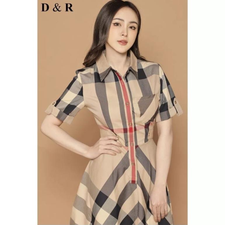 (NNQB9823) Hàng nhập - Đầm dáng xòe cổ sơ mi kẻ BBR, váy xòe dạo phố hay công sở đều xinh xắn thanh lịch