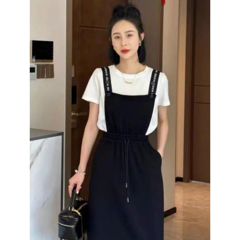 (NNQB9823) Hàng nhập - Đầm dáng suông thun cotton giả yếm 2 dây, váy xuông tay ngắn rút dây eo
