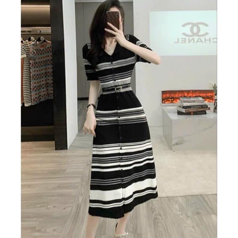 (NNQB9823) Hàng nhập - Đầm len dáng xòe kẻ ngang cổ tim tay ngắn, váy xòe thu đông cài nút