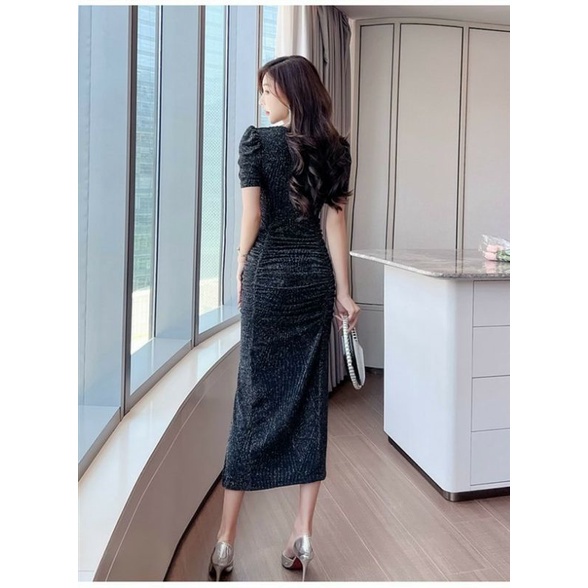 (NNQB9823) Hàng nhập - Đầm dáng ôm thun kim tuyến xẻ tà cổ V, váy body tay ngắn dự tiệc hay công sở đều xinh