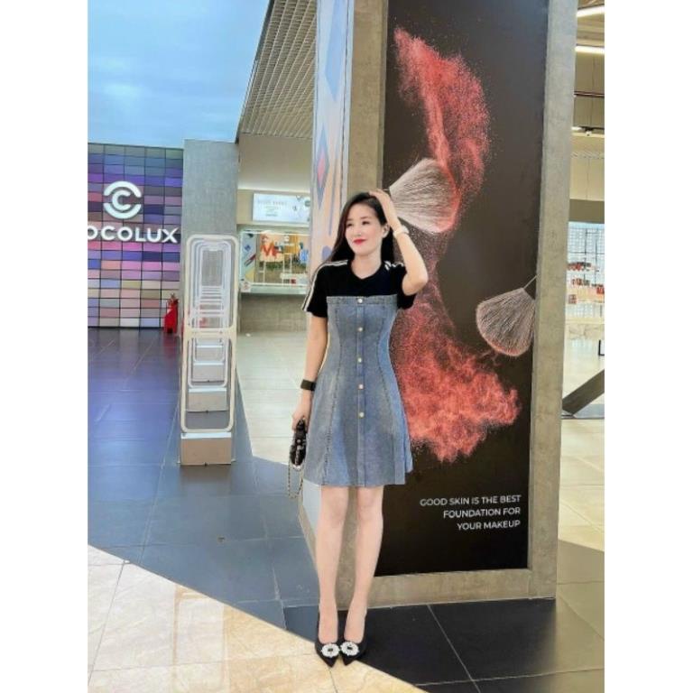 (NNQB9823) Hàng nhập - Đầm dáng xòe jean form ngắn phối viền, váy bò dạo phố tay ngắn cổ tròn