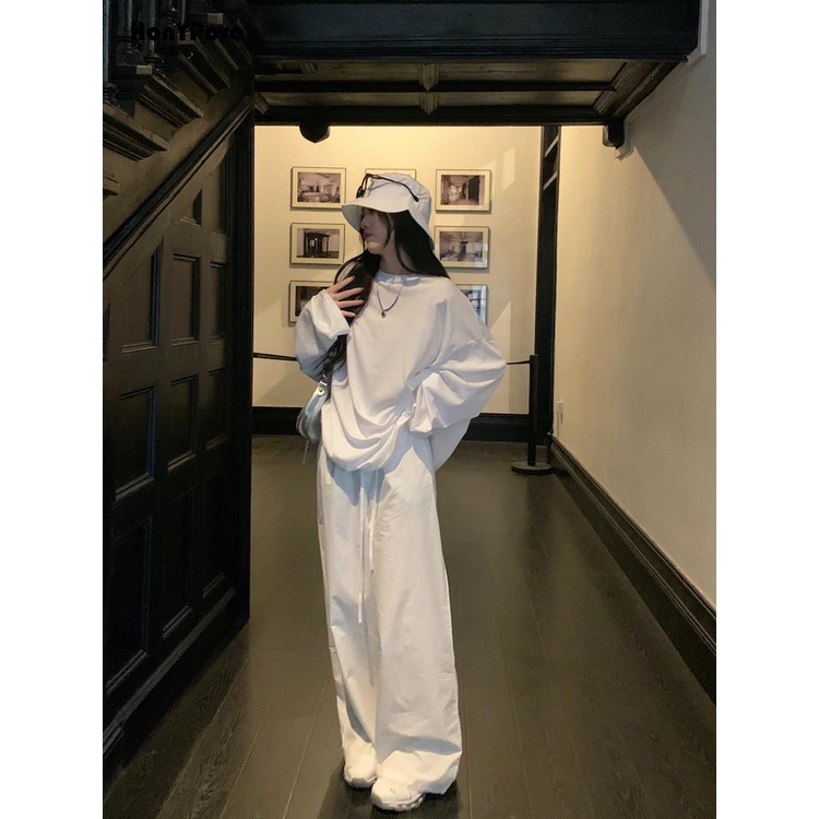 Honypove Set Áo Thun Tay Dài Phối Quần Dài Dáng Rộng Thời Trang Hè Cá Tính Cho Nữ