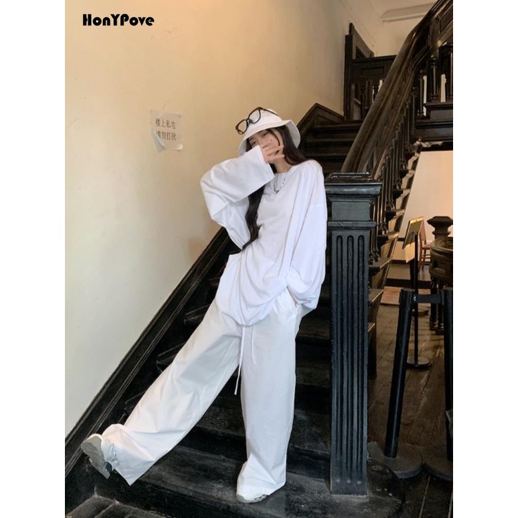 Honypove Set Áo Thun Tay Dài Phối Quần Dài Dáng Rộng Thời Trang Hè Cá Tính Cho Nữ